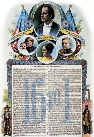 <strong> What message from William Jennings Bryan, the presidential candidate for both the Democrats and the Populist Party, did this campaign poster from the election of 1896 send to farmers and industrial workers?</strong> A) He promised universal suffrage to all low-skilled and uneducated workers and farmers. B) He advocated for railroad reform offering cheaper shipping rates and higher working wages. C) He sought to improve race relations between whites and African Americans. D) He wanted currency reform through the free coinage of silver rather than gold.