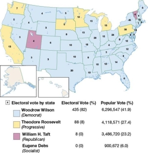 <strong> What does this map imply about the 1912 presidential election?</strong> A) The majority of Americans supported the move to set up government-run monopolies. B) Nearly 70 percent of all voters endorsed Progressive principles and reforms. C) Third-party candidates played a minor role in this election. D) Voters were more interested in conservative values rather than Progressive reforms.