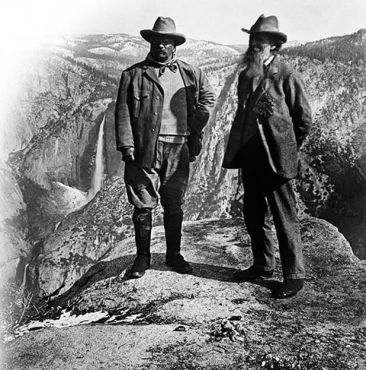 <strong> What were the positions held by President Theodore Roosevelt and naturalist John Muir, who are shown on a camping trip in Yosemite in this 1903 photograph, regarding nature and natural resources?</strong> A) Both Muir and Roosevelt upheld conservationist beliefs that nature was meant to support economic needs while also being preserved for the future. B) Both Muir and Roosevelt were preservationists who believed that nature should remain untouched. C) Muir believed that nature should be preserved in its unspoiled state, while Roosevelt believed it should be conserved to meet present economic needs and be around for the future. D) Roosevelt upheld the preservationist viewpoint of nature in its unspoiled state, while Muir favored conservation for economic benefits.