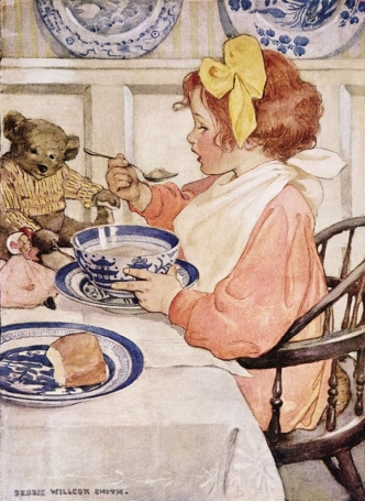   -How does Jessie Willcox Smith's illustration from her 1909 book The Seven Ages of Childhood contradict what working-class children between the ages of 10 through 15 were experiencing in the early twentieth century? A)  Health rates for young children were essentially better than what is illustrated in this image. B)  Children like the five-year-old in the picture actually spent more time in school than at home. C)  Children had healthier dietary habits that went beyond eating bowls of porridge. D)  Over 1.75 million children were working in factories, home sweatshops, or farms at this time.