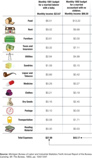 <strong> What do these budgets reveal about lifestyles for urban laborers and professionals in the 1890s?</strong> A) Urban laborers ate healthy foods and had a good diet. B) Expenses for urban laborers outweighed the income of one male wage earner. C) Most professional workers lived within the urban center of cities. D) Living conditions in rental units were similar for urban workers and urban professionals.