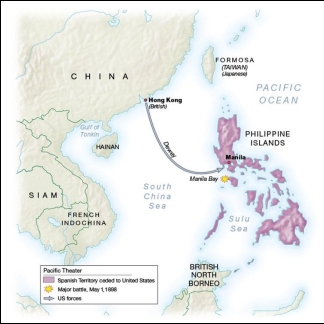     -Based on these maps of the Pacific and Caribbean theaters of war, what accounted for a quick and overwhelming American victory in the Spanish-American War? A)  guerrilla attacks and ambushes launched against Spanish forces B)  powerful American professional military forces C)  tight alliances with both the Cuban and Filipino rebels D)  superior American naval power