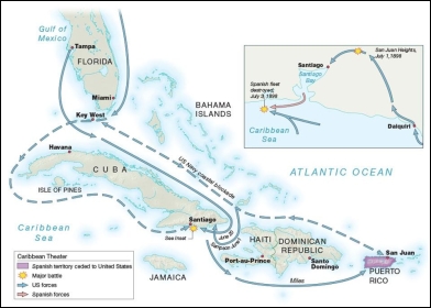     -Based on these maps of the Pacific and Caribbean theaters of war, what accounted for a quick and overwhelming American victory in the Spanish-American War? A)  guerrilla attacks and ambushes launched against Spanish forces B)  powerful American professional military forces C)  tight alliances with both the Cuban and Filipino rebels D)  superior American naval power