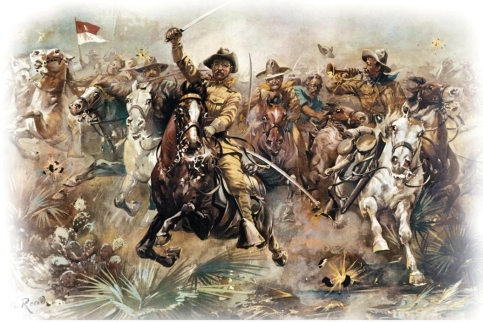   -When reviewing illustrations and pictures of the charge on the San Juan hills like the one above, eyewitness journalist Richard Harding Davis recalled that  none of them seem to show it just as I remember it.  Why did Davis make such a statement? A)  Theodore Roosevelt did not actually participate in the advance. B)  The actual advance was slow and on foot. C)  The Rough Riders were actually predominantly African American. D)  The advance was actually a failure.