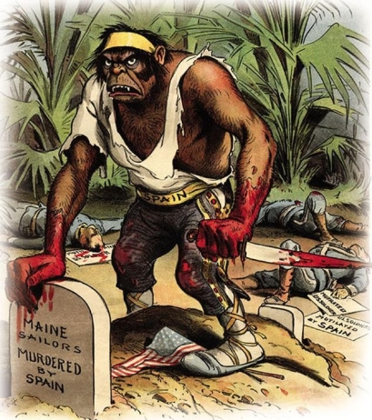 <strong> How did The Spanish Brute, which appeared on an 1898 magazine cover of Judge magazine, promote racist notions of white supremacy among Americans during the Spanish-American War?</strong> A) The figure is shown as a dark-skinned ape-like Spaniard who posed a threat to civilization. B) The figure is trampling on the American flag. C) The figure is shown as a monster who mutilated American soldiers after the charge on the San Juan Hills. D) The figure is depicted as a bloodthirsty beast responsible for explosion of the Maine.