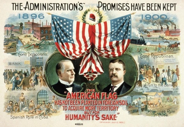 <strong> How did this Republican campaign poster from the election of 1900 address the idea that the United States should establish an American overseas empire?</strong> A) American intervention made life in Cuba more difficult. B) American intervention was done for the purpose of acquiring overseas markets. C) American intervention in foreign nations improved their quality of life. D) American intervention showcased its military and naval superiority.