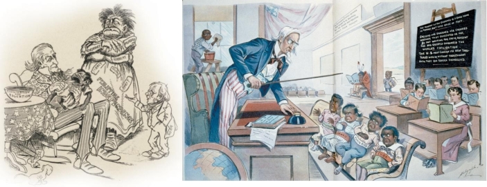   -How does the image of Uncle Sam differ in the cartoons Give the Child Over to the Nurse (left)  and School Begins (right) ? A)  In Give the Child Over to the Nurse, he is portrayed as looking to the future; in School Begins, he is portrayed as occupied with the past. B)  In Give the Child Over to the Nurse, he is portrayed as offering mere sustenance; in School Begins, he is portrayed as offering a useful education. C)  In Give the Child Over to the Nurse, he is portrayed as truly desiring to help; in School Begins, he is portrayed as indifferent. D)  In Give the Child Over to the Nurse, he is portrayed as nurturing; in School Begins, he is portrayed as both threatening and neglectful.