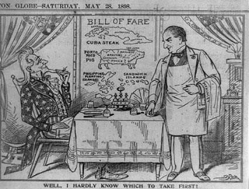 <strong> This cartoon portrays American imperialism as being primarily compelled by .</strong> A) curiosity B) greed C) evangelism D) aggression