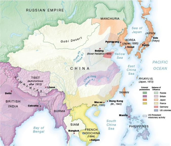   -Based on this map of foreign activity in China in 1901, how did the United States try to protect American businessmen and missionaries who had established a presence there? A)  by expanding American interests west of the Huang He River B)  by siding with Russia during the Russo-Japanese War C)  by launching an naval invasion from the Philippines D)  by negotiating with nations that had spheres of influence there