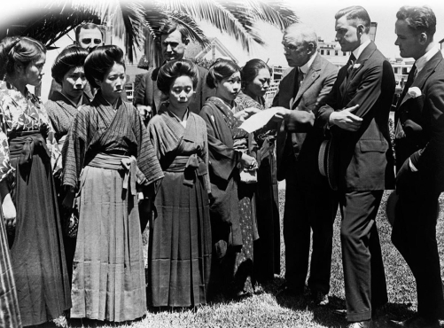 <strong> Why did a congressional delegation choose to go to Angel Island in 1920 and confront these Japanese picture brides?</strong> A) to welcome them as future American citizens B) to rally public support for cutting off the flow of Japanese women coming to the United States C) to teach them about Christian and democratic values needed in the United States D) to offer them financial support as they and their husbands purchased agricultural lands