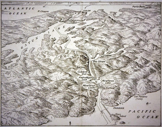 <strong> How does this map reveal American engineers' technological ability to control the natural elements that made construction of the Panama Canal so challenging?</strong> A) The surrounding tropical jungle was removed to avoid any type of obstructions on the canal. B) Construction was rerouted so that the waterway flowed through a natural lake. C) A series of locks and dams was created to construct the waterway in an area prone to flooding. D) Dynamite was used to blast through mountain ranges that prevented the canal from flowing across the Isthmus of Panama.