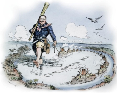 <strong> How does this cartoon illustrate the Roosevelt Corollary to the Monroe Doctrine?</strong> A) Roosevelt is shown to be about the same size as the Caribbean nations, representing the equality between these nations and the United States. B) The nations that border the Caribbean Sea loom large in Roosevelt's field of vision, creating a sense of difficulty in managing such unstable countries. C) A large Roosevelt dominates the Caribbean Sea to show that the United States can keep nearby nations in line and prevent the creation of European colonies here. D) Roosevelt is barefoot and looks exhausted, representing the difficulties of maintaining U.S. dominance over European interests in the region.