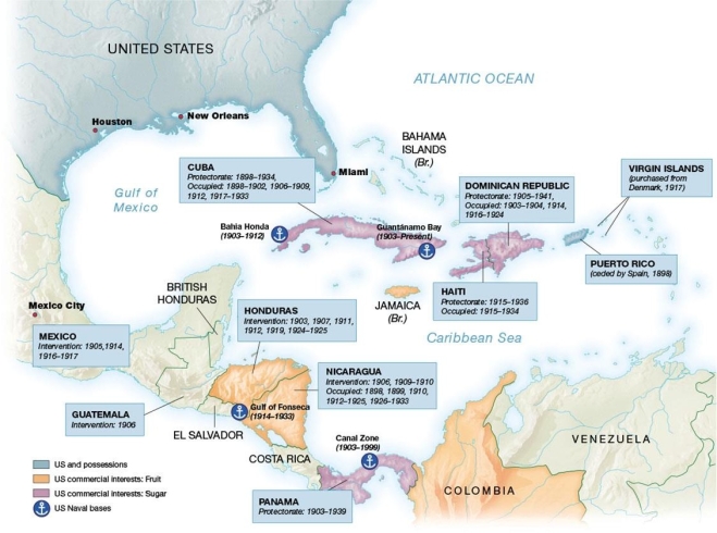 <strong> What does this map reveal about American interventions in the affairs of its southern neighbors in the forty-year period after the Spanish-American War?</strong> A) U.S. military interventions were necessary in order to prevent European imperial powers from colonizing Latin American nations. B) Most U.S. military incursions took place in areas where American economic interests were at risk. C) Each area that experienced a U.S. military intervention was also an American protectorate. D) The United States Navy played an insignificant role in keeping order in Latin America.