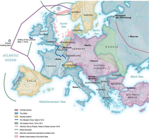   -According to this map, what developed as a result of a German miscalculation of its war plan, which was also known as the Schlieffen Plan? A)  the sinking of the Lusitania B)  facing a two-front war in both Eastern and Western Europe C)  the unexpected entry of the United States into World War I D)  British mining of the North Sea