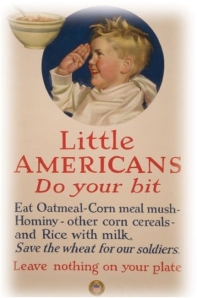 <strong> What does this poster created by the Food Administration represent about the American war effort?</strong> A) It involved the first use of propaganda by the government. B) It showed the lack of unity in supporting the war because Americans refused to conserve food. C) It led to strong vocal discontent from Americans who resented being told what to do by the government. D) It demanded total mobilization of American society.