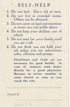 <strong> What was the purpose of these cards issued by the Urban League?</strong> A) helping African Americans migrating from the South adapt to urban Northern life B) assisting immigrants from Southern and Eastern Europe assimilate into American society C) ensuring that railway strikers find new job opportunities in urban areas D) aiding soldiers returning from World War I in readjusting to American society