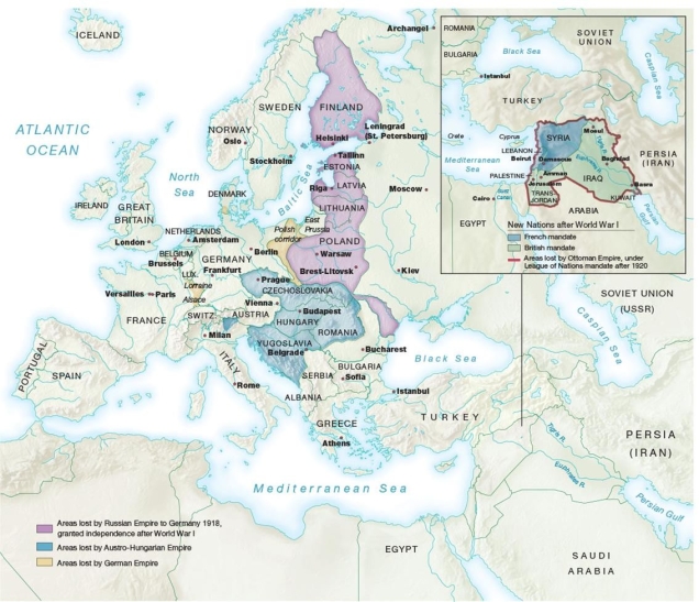   -What irony is revealed in this map showing Europe and the Middle East after World War I? A)  Germany lost more territory than Austria-Hungary, which initially was the first country to declare war in 1914. B)  Wilson's demand for freedom on the high seas did not come true due to continued German naval attacks. C)  Wilson's proposal for self-determination came true in Eastern Europe, but the mandates in the Middle East led to European imperialism. D)  Serbia, which wanted independence at the start of the war, was instead absorbed by Yugoslavia.