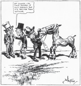 <strong> How does the portrayal of Woodrow Wilson's leadership differ in these two cartoons?</strong> A) In one, he works with the Senate; in the other, he works against it. B) In one, he is confident; in the other, he is desperate. C) In one, he is a skilled negotiator; in the other, he is a fleeing coward. D) In one, he is untrustworthy; in the other, he is strong.
