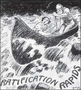 <strong> How does the portrayal of Woodrow Wilson's leadership differ in these two cartoons?</strong> A) In one, he works with the Senate; in the other, he works against it. B) In one, he is confident; in the other, he is desperate. C) In one, he is a skilled negotiator; in the other, he is a fleeing coward. D) In one, he is untrustworthy; in the other, he is strong.