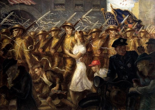   -What was the key message about World War I that artist John Steuart Curry conveyed to the public in his 1938 painting Parade to War, Allegory? A)  The U.S. military was an honorable profession and encouraged young boys to consider future enlistment. B)  Women played a key role on the home front and were recognized with the right to vote. C)  Americans remained highly patriotic after World War I and honored their veterans with respect. D)  U.S. participation in World War I had been a mistake due to the high numbers of lost and ruined lives.