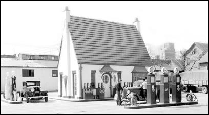 <strong> What do these images of gas stations reveal about commercial roadside businesses in the 1920s?</strong> A) Retailers used both familiar and whimsical images to attract passers-by. B) Service stations were mostly located in urban rather than remote areas. C) Roadside restaurants, lodging quarters, and gas stations were only available to white customers. D) Gasoline was so profitable that owners could afford to create eye-catching buildings.