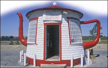 <strong> What do these images of gas stations reveal about commercial roadside businesses in the 1920s?</strong> A) Retailers used both familiar and whimsical images to attract passers-by. B) Service stations were mostly located in urban rather than remote areas. C) Roadside restaurants, lodging quarters, and gas stations were only available to white customers. D) Gasoline was so profitable that owners could afford to create eye-catching buildings.