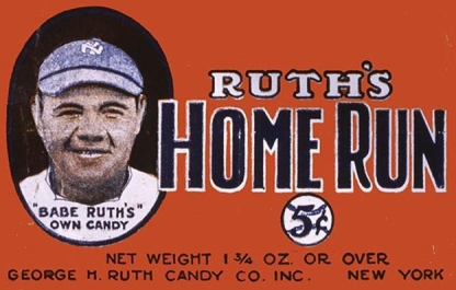   -As exemplified by this candy wrapper, what did professional baseball player George Herman  Babe  Ruth pioneer as a way for sports and movie celebrities to become wealthy during the 1920s? A)  giving frequent interviews on radio B)  endorsing and marketing products that were popular with the public C)  providing photos and memorabilia to celebrity fan magazines D)  sponsoring nationally syndicated radio shows to boost sales for a company's products