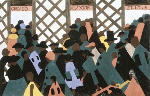  -What attitude regarding the northward migration of African Americans can be inferred from this particular Jacob Lawrence painting from his Migration series? A)  irony B)  joy C)  condescension D)  detachment