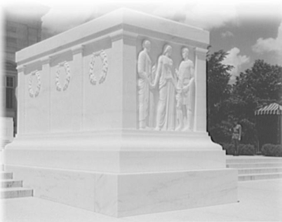   -How does the design of the Tomb of the Unknown Soldier, which was dedicated in 1921 during the Washington Conference, represent the diplomatic goals of the Harding and Coolidge administrations? A)  The laurel wreaths signify that the United States was a world power in the postwar period. B)  The allegorical figures represent the diplomatic goals of peace, valor, and victory. C)  The concept of interring an unknown soldier reaffirmed the need for global disarmament. D)  The hand-joined allegorical figures represent the success of a multinational nonaggression pact.