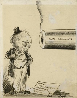 <strong> The 1927 political cartoon Looking into the Black Hole of Ruin that was created just prior to the 1927 Geneva naval disarmament meeting .</strong> A) convinced the United States, Britain, and Japan to successfully negotiate a naval disarmament treaty B) led to the United States, Britain, and Japan gaining control of the waters closest to them C) was unable to persuade the leading powers to reach an agreement on naval disarmament D) swayed nine nations to formally respect the Open Door policy in China