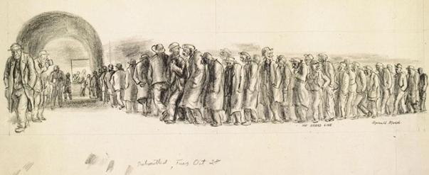  -How did Reginald Marsh's sketch Bread Line respond to Hoover's statement that  no one is actually starving ? A)  The men are waiting in line to receive food; the drawing celebrates Hoover's leadership. B)  The men are gaunt, isolated, and clearly suffering; Hoover's statement is ironic. C)  The men are portrayed without their families, which were likely going hungry; this omission was a form of propaganda. D)  The men are banding together to start a riot; the drawing expresses rage at Hoover's indifference.