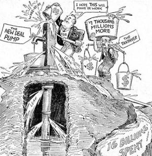   -This cartoon reflecting Roosevelt's goal of government spending to fund the New Deal was created by . A)  liberals who favored using government funding to assist those affected by the Great Depression B)  Progressives who supported direct government financing of economic recovery programs C)  FDR's Brain Trust who wanted to use government regulation to solve economic issues D)  conservatives who felt that the president created expensive programs that did not work