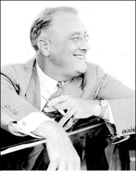   -Why did photographs like this one showing Franklin D. Roosevelt with his trademark smile and cigarette holder make him so popular with the American public? A)  The public was enthralled that a wealthy aristocrat could connect with common people in a time of crisis. B)  The public found his visible cheerfulness reassuring, and this inspired confidence in America's future. C)  The public understood that his physical handicap meant he knew what it was like to be handicapped by poverty. D)  The public could connect with someone who smoked in public since that was a popular trend during the 1930s.
