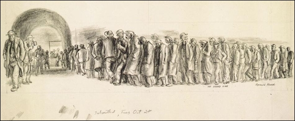     -How does the image of poverty in Dorothea Lange's photograph  Breadline  San Francisco, 1933, compare with that in Reginald Marsh's drawing Bread Line? A)  Only Marsh's drawing portrays the impulse toward collective action. B)  Both portray the anger of the poor. C)  Only Lange's photograph portrays true hunger. D)  Both portray the isolation of the poor.