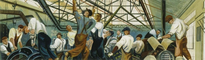<strong> What controversial topic did William Gropper's Automobile Industry mural in a Detroit post office, which glorified autoworkers and was a part of the Treasury Department's project to put artists to work during the Great Depression, leave out?</strong> A) the deadening routine of the assembly line and the numerous strikes in this industry B) the poverty resulting from Henry Ford's refusal to implement higher wages C) the charity given by the states to autoworkers during the Great Depression D) the laziness characteristic of WPA workers who did nothing and wasted time