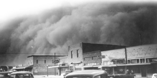   -Dust storms such as this one descending on a small town in Kansas resulted from A)  farmers taking land out of cultivation so they could receive federal aid B)  drought and soil erosion C)  planting crops like legumes rather than cash crops like wheat, cotton, and tobacco D)  an overabundance of trees on the Great Plains that hampered the flow of the wind
