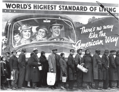 <strong> What is implied by this 1937 photo shot by Margaret Bourke-White in Louisville, Kentucky?</strong> A) The world's highest standard of living was available to all Americans. B) The American Way involved excluding some groups from prosperity. C) Owning an automobile was the greatest hope of many African Americans. D) It was not necessary for the New Deal to address the specific needs of African Americans.
