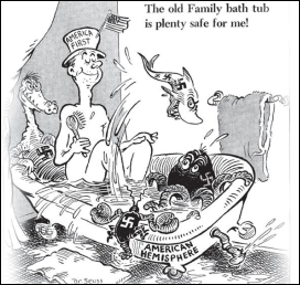     -What two key messages do both the interventionist cartoon by Dr. Seuss on the left and the non-interventionist cartoon by the pro-Republican Chicago Tribune on the right relay to the public? A)  American support for the European Allies while remaining geographically isolated B)  a call for American neutrality and the imminent threat of a Japanese invasion C)  an urgent need for immediate U.S. involvement in Europe in addition to the building up of U.S. naval power in the Atlantic D)  a false lull caused by geographic isolation as well as German aggression in Europe and the Atlantic