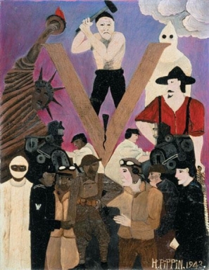   -In his 1943 painting Mr. Prejudice, African American painter Horace Pippin shows that A)  the dream of racial unity was close to becoming a reality after a victory against the Axis forces in World War II B)  racial discord on the home front jeopardized the African American vision of using the war to secure democracy at home and abroad C)  desegregation took place in all branches of the military at the end of World War II D)  a united front of blacks and whites were prepared to take on racist perpetrators that included the Ku Klux Klan and lynch mobs
