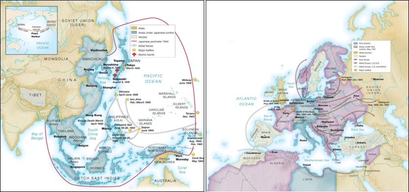   -Based on these maps, one common feature in the Allied military strategy in both the Pacific and European theaters of war was to . A)  detonate atomic weapons in both Germany and Japan B)  initially attack Germany and Japan through the  soft underbellies  of their empires C)  use an extensive island-hopping strategy in the Pacific and Mediterranean D)  rely on numerous Allied military bases in Europe and the Pacific to launch attacks