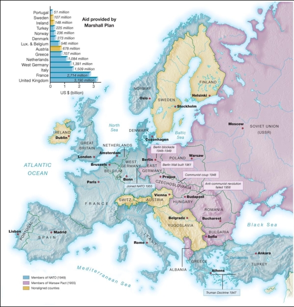   -As indicated by this map, Europe in the postwar era was characterized by . A)  rival alliance systems representing democracy and communism B)  the establishment of democratic states in Eastern Europe C)  the fall of Western European states to communism D)  unsuccessful containment of communism in Greece and Turkey