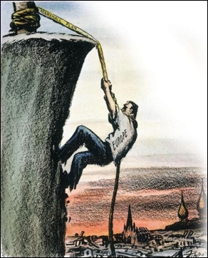    -What do the cartoon on the left by American illustrator Daniel R. Patrick and the one on the right that appeared in the Soviet newspaper Izvestiya imply about the Marshall Plan? A)  The American cartoon blames the Soviet Union for Europe's current troubles, while the Soviet cartoon blames the destruction in Europe on the United States. B)  The American cartoon views this plan as a way for Europe to distance itself from the Soviet Union, while the Soviet cartoon sees this plan as a way for the United States to control European economies. C)  Both the American and Soviet cartoons show that the Marshall Plan was not economically successful in Europe. D)  Both the American and Soviet cartoons call for the establishment of a European Union to manage its members' economies.