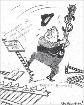     -What do the cartoon on the left by American illustrator Daniel R. Patrick and the one on the right that appeared in the Soviet newspaper Izvestiya imply about the Marshall Plan? A)  The American cartoon blames the Soviet Union for Europe's current troubles, while the Soviet cartoon blames the destruction in Europe on the United States. B)  The American cartoon views this plan as a way for Europe to distance itself from the Soviet Union, while the Soviet cartoon sees this plan as a way for the United States to control European economies. C)  Both the American and Soviet cartoons show that the Marshall Plan was not economically successful in Europe. D)  Both the American and Soviet cartoons call for the establishment of a European Union to manage its members' economies.