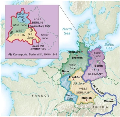   -What information shown on this map led to Stalin's decision in 1948 to block all Western overland traffic to Berlin? A)  the construction of airports in Berlin's Western zones B)  the establishment of a wall between the Western and Soviet zones in Berlin C)  the reunification of the Allied zones that established a democratic West Germany D)  Churchill's declaration that an  iron curtain  had descended across Europe