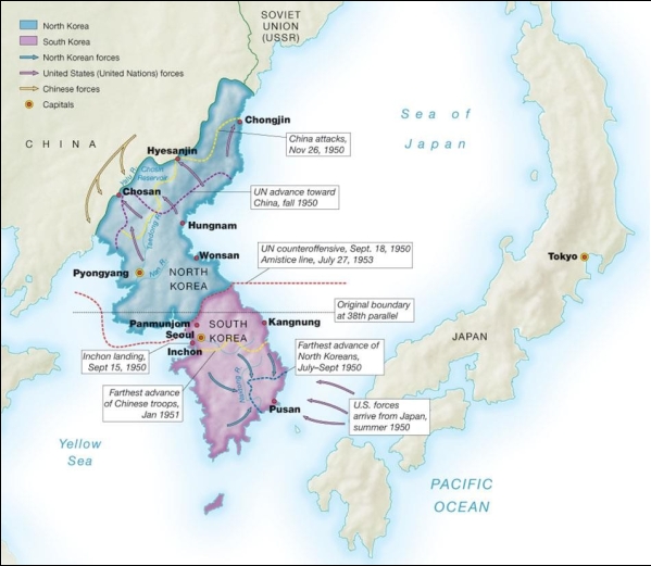   -Based on this map, what generalization can be made about the Korean War during the first year of this conflict? A)  The advantage on the battlefield swung back and forth and later resulted in a stalemate. B)  The war was mostly fought in the surrounding bodies of water off the Korean peninsula. C)  Communist control was established on the entire Korean peninsula. D)  UN forces under Douglas MacArthur launched an invasion of China.