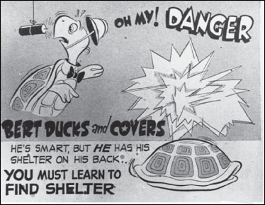 <strong> How did the civil defense instructions on duck and cover distributed to school children and the before and after photographs from a 1953 test explosion in the Nevada desert send a mixed message about surviving a nuclear attack?</strong> A) The civil defense instructions warned that hiding underneath something protected against flying debris, while the photographs suggested that victims had enough time to flee a building. B) The civil defense instructions depicted a nuclear blast as having the same impact as a stick of dynamite, while the photographs demonstrated a more powerful explosion. C) The civil defense instructions implied that people could safely survive an attack if they hid under something, while the photographs contradicted this by showing complete destruction happening within seconds of impact. D) The civil defense instructions could not guarantee personal safety in a nuclear attack, while the photographs showed that victims had a chance for survival.