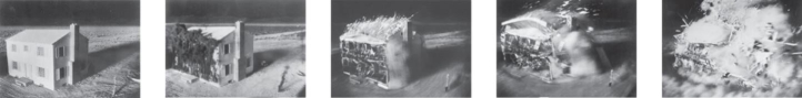 <strong> How did the civil defense instructions on duck and cover distributed to school children and the before and after photographs from a 1953 test explosion in the Nevada desert send a mixed message about surviving a nuclear attack?</strong> A) The civil defense instructions warned that hiding underneath something protected against flying debris, while the photographs suggested that victims had enough time to flee a building. B) The civil defense instructions depicted a nuclear blast as having the same impact as a stick of dynamite, while the photographs demonstrated a more powerful explosion. C) The civil defense instructions implied that people could safely survive an attack if they hid under something, while the photographs contradicted this by showing complete destruction happening within seconds of impact. D) The civil defense instructions could not guarantee personal safety in a nuclear attack, while the photographs showed that victims had a chance for survival.