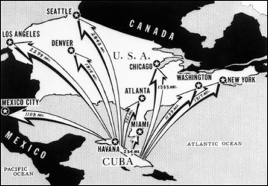  -Based on this map, why did President Kennedy have legitimate concerns about short-range and intermediate-range nuclear armed Soviet missiles in Cuba? A)  Cuba's proximity to the United States made it easy for the Soviets to conduct a land invasion. B)  Cuba had once been a strong economic and political ally to the United States. C)  All major cities on the continental United States were within target range of these missiles. D)  The United States had no such missiles on the mainland to retaliate against Cuba.
