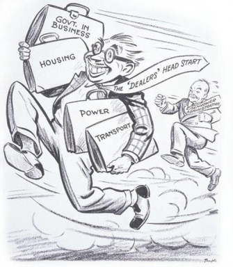   -How does the 1953 editorial political cartoon Who Said 'Creeping Socialism' contradict what President Eisenhower had to say about domestic programs associated with the New and Fair Deals? A)  Eisenhower wanted to focus more on civil rights than other public programs. B)  Eisenhower announced that he had no intention of dismantling most of these programs. C)  Eisenhower wanted to dismantle these programs and desired more conservative ones in place. D)  Eisenhower believed that balancing the budget and limiting government spending was more important.
