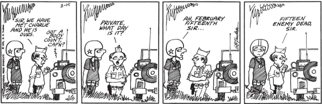 <strong> What did this Doonesbury cartoon intend to lampoon?</strong> A) the inaccuracies and meaninglessness of body counts B) the tensions between enlisted men and officers C) the dissociation of the military from the day-to-day life of the Vietnamese D) the difficulties of distinguishing the Vietcong from civilians